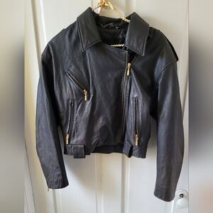 Vintage Cropped Danier Black Leather Jacket with Gold Zippers